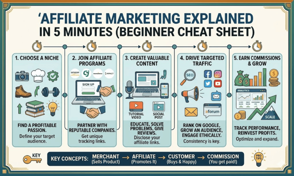 Affiliate Marketing Explained in 5 Minutes (Beginner Cheat Sheet)