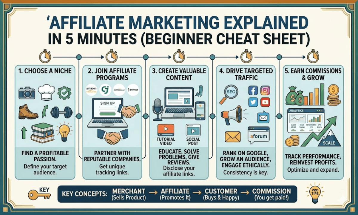 Affiliate Marketing Explained in 5 Minutes (Beginner Cheat Sheet)