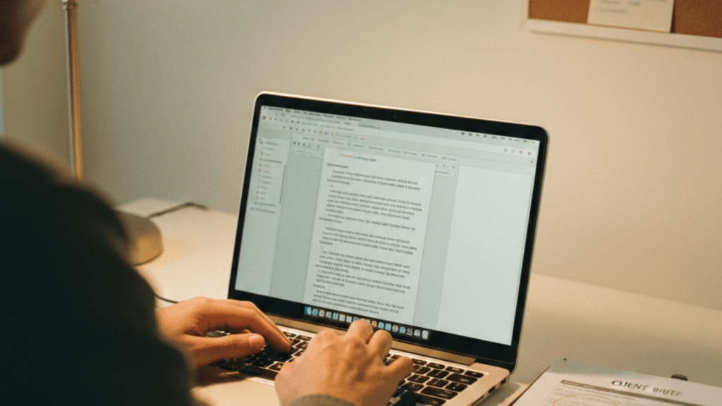 Freelance copywriter editing AI-generated draft on screen with client brief beside laptop