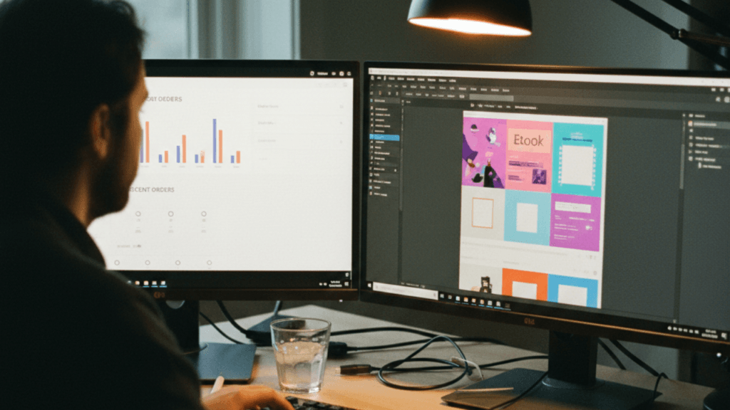 Creator designing an ebook template in Canva with sales dashboard on second screen