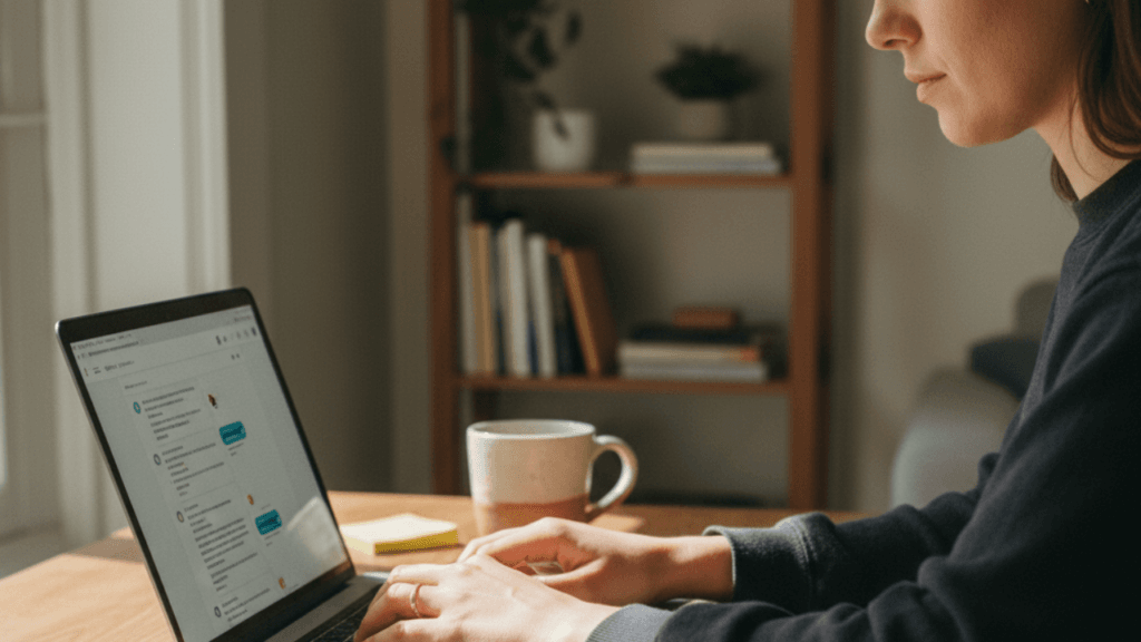 Freelancer using AI tools on laptop at cluttered home desk with coffee mug
